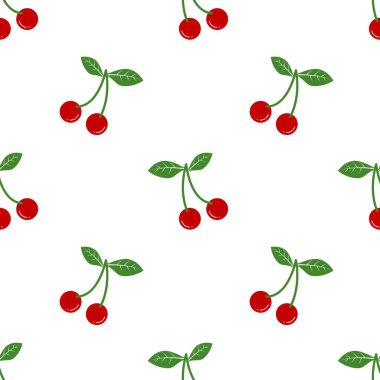 Kusursuz kırmızı kiraz desenli tasarım, düz kiraz desenli şablon vektörü.