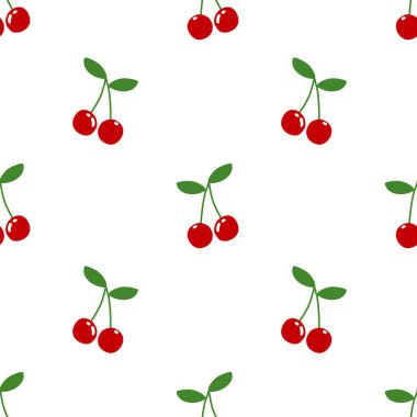 Kusursuz kırmızı kiraz desenli tasarım, düz kiraz desenli şablon vektörü.