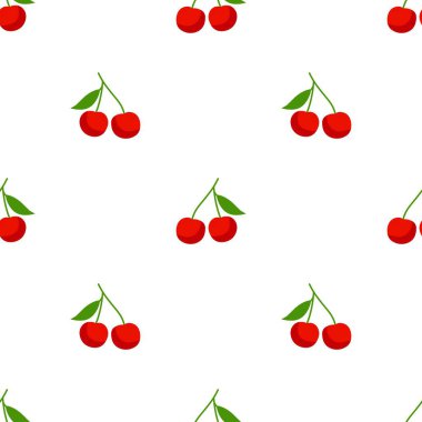 Kusursuz kırmızı kiraz desenli tasarım, düz kiraz desenli şablon vektörü.