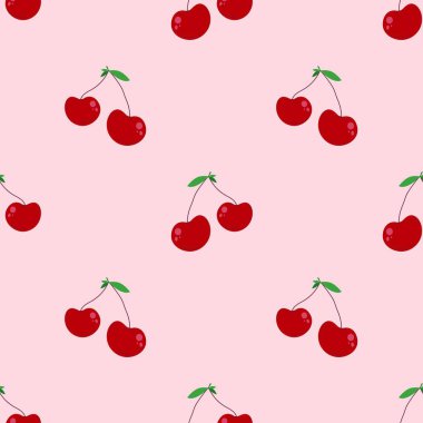 Kusursuz kırmızı kiraz desenli tasarım, düz kiraz desenli şablon vektörü.