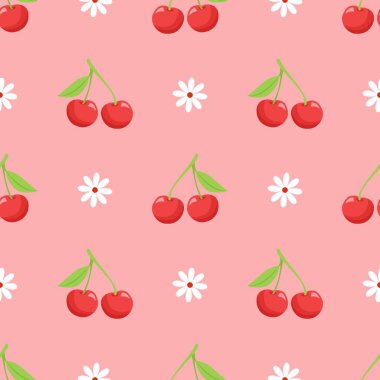 Kusursuz kırmızı kiraz desenli tasarım, düz kiraz desenli şablon vektörü.