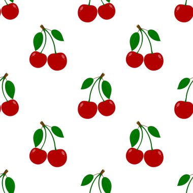 Kusursuz kırmızı kiraz desenli tasarım, düz kiraz desenli şablon vektörü.