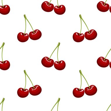 Kusursuz kırmızı kiraz desenli tasarım, düz kiraz desenli şablon vektörü.