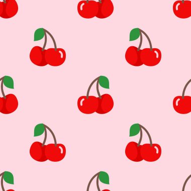 Kusursuz kırmızı kiraz desenli tasarım, düz kiraz desenli şablon vektörü.