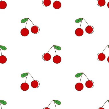 Kusursuz kırmızı kiraz desenli tasarım, düz kiraz desenli şablon vektörü.