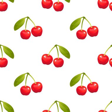 Kusursuz kırmızı kiraz desenli tasarım, düz kiraz desenli şablon vektörü.