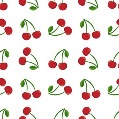Kusursuz kırmızı kiraz desenli tasarım, düz kiraz desenli şablon vektörü.
