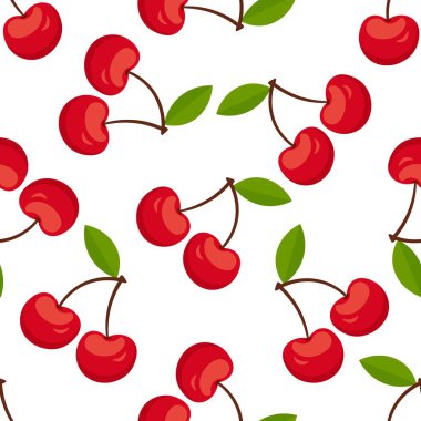 Kusursuz kırmızı kiraz desenli tasarım, düz kiraz desenli şablon vektörü.
