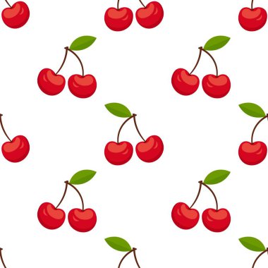 Kusursuz kırmızı kiraz desenli tasarım, düz kiraz desenli şablon vektörü.