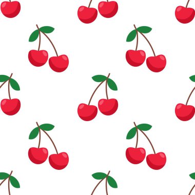 Kusursuz kırmızı kiraz desenli tasarım, düz kiraz desenli şablon vektörü.