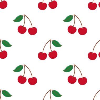 Kusursuz kırmızı kiraz desenli tasarım, düz kiraz desenli şablon vektörü.