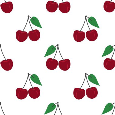 Kusursuz kırmızı kiraz desenli tasarım, düz kiraz desenli şablon vektörü.