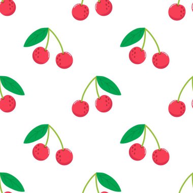 Kusursuz kırmızı kiraz desenli tasarım, düz kiraz desenli şablon vektörü.