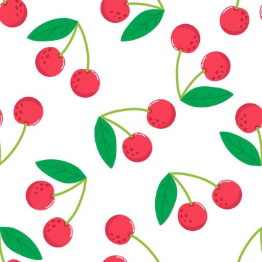 Kusursuz kırmızı kiraz desenli tasarım, düz kiraz desenli şablon vektörü.