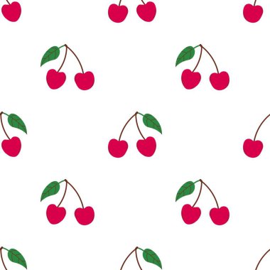 Kusursuz kırmızı kiraz desenli tasarım, düz kiraz desenli şablon vektörü.