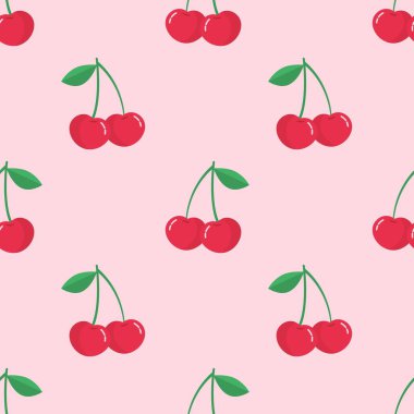 Kusursuz kırmızı kiraz desenli tasarım, düz kiraz desenli şablon vektörü.