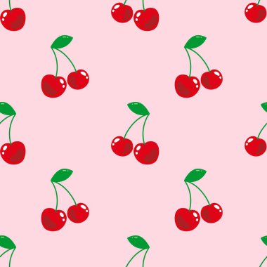 Kusursuz kırmızı kiraz desenli tasarım, düz kiraz desenli şablon vektörü.