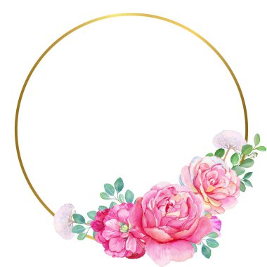 Altın çerçeve sınırı. Çiçeklerle. Çiçek çelengi boyayan suluboya el, buketli yazı için uygun bir yer. Beyaz arkaplanda izole.