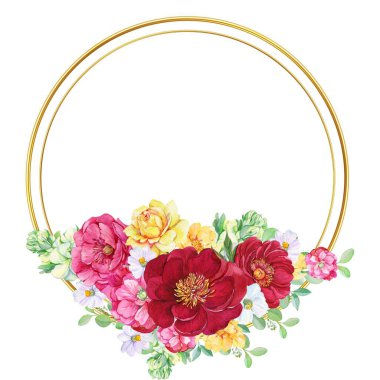 Altın çerçeve sınırı. Çiçeklerle. Çiçek çelengi boyayan suluboya el, buketli yazı için uygun bir yer. Beyaz arkaplanda izole.
