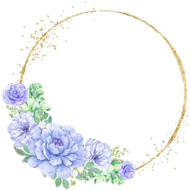 Altın çerçeve sınırı. Çiçeklerle. Çiçek çelengi boyayan suluboya el, buketli yazı için uygun bir yer. Beyaz arkaplanda izole.