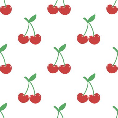 Kusursuz kırmızı kiraz desenli tasarım, düz kiraz desenli şablon vektörü.