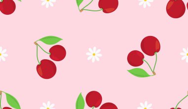 Kusursuz kırmızı kiraz desenli tasarım, düz kiraz desenli şablon vektörü.