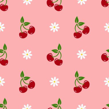Kusursuz kırmızı kiraz desenli tasarım, düz kiraz desenli şablon vektörü.