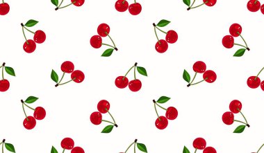 Kusursuz kırmızı kiraz desenli tasarım, düz kiraz desenli şablon vektörü.