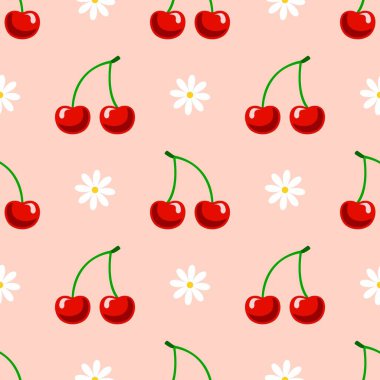 Kusursuz kırmızı kiraz desenli tasarım, düz kiraz desenli şablon vektörü.