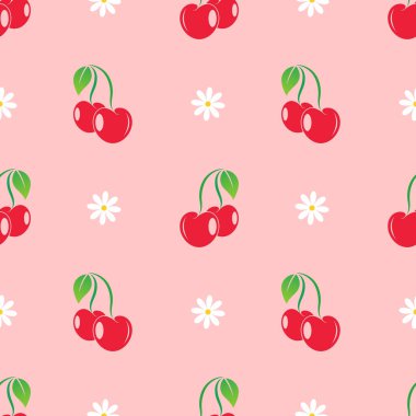 Kusursuz kırmızı kiraz desenli tasarım, düz kiraz desenli şablon vektörü.
