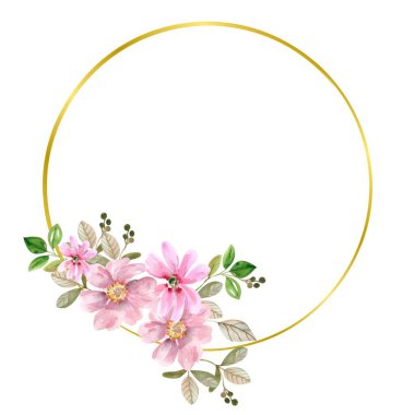 Beyaz arkaplanda suluboya çiçek çelengi.