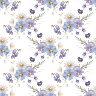 Çiçeksiz suluboya desenli düzenlenebilir antika retro vektör çiçeği dikişsiz suluboya desenli el yapımı duvar kağıdı desenli beyaz çiçek bitkileri ve yapraklı çiçek bahçesi çiçekleri. 