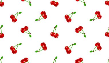 Kusursuz kırmızı kiraz desenli tasarım, düz kiraz desenli şablon vektörü.