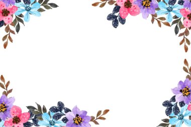 Çiçek açan botanik suluboya çiçekler sınır çerçevesi. Beyaz arkaplanda renkli çiçekler.