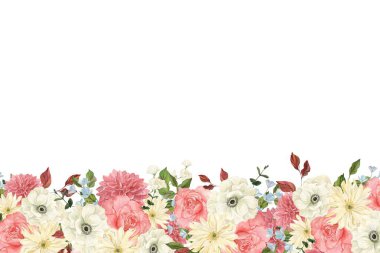 Çiçek açan botanik suluboya çiçekler sınır çerçevesi. Beyaz arkaplanda renkli çiçekler.