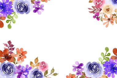 Çiçek açan botanik suluboya çiçekler sınır çerçevesi. Beyaz arkaplanda renkli çiçekler.