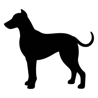 Bir köpeğin siyah silueti profilde sunulur, güçlü yapısını ve özenli duruşunu vurgular. Düz çizgiler köpeğin dış hatlarını vurguluyor, kuyruğunu ve kulaklarını gösteriyor..