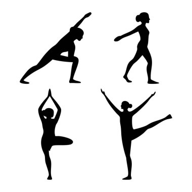 Farklı yoga pozları veren dört kadının silueti..