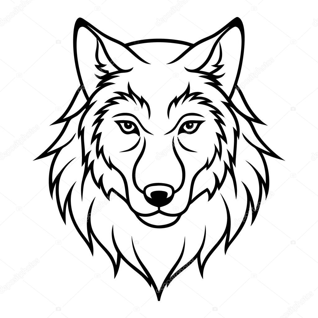 A striking black and white line art illustration of a wolf's head.