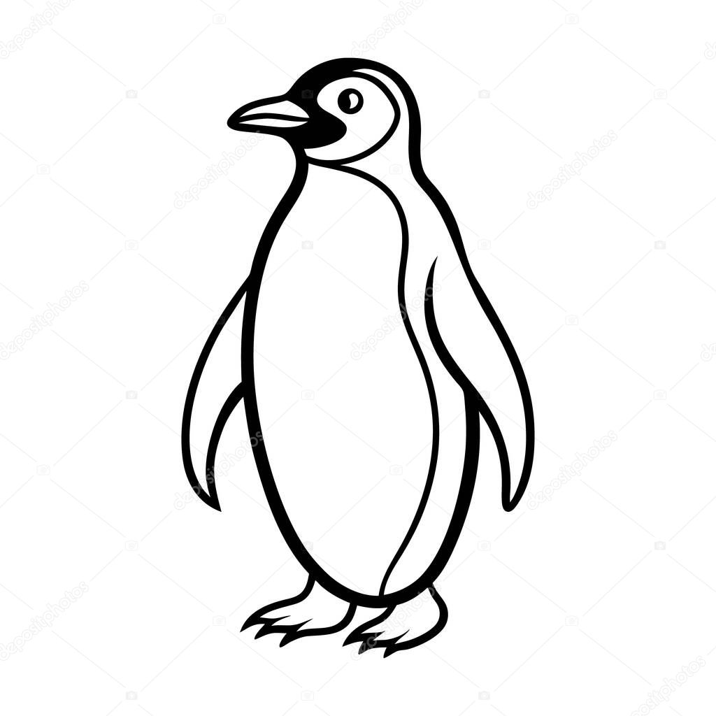A stylized, black and white line drawing of a penguin.
