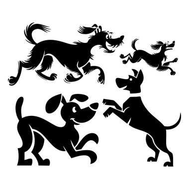 Bu resimde dört farklı köpek silueti var, her biri eşsiz bir çizgi film stiline sahip. Beyaz arka plana karşı koyu siyah şekiller çarpıcı bir görsel etki yaratır..
