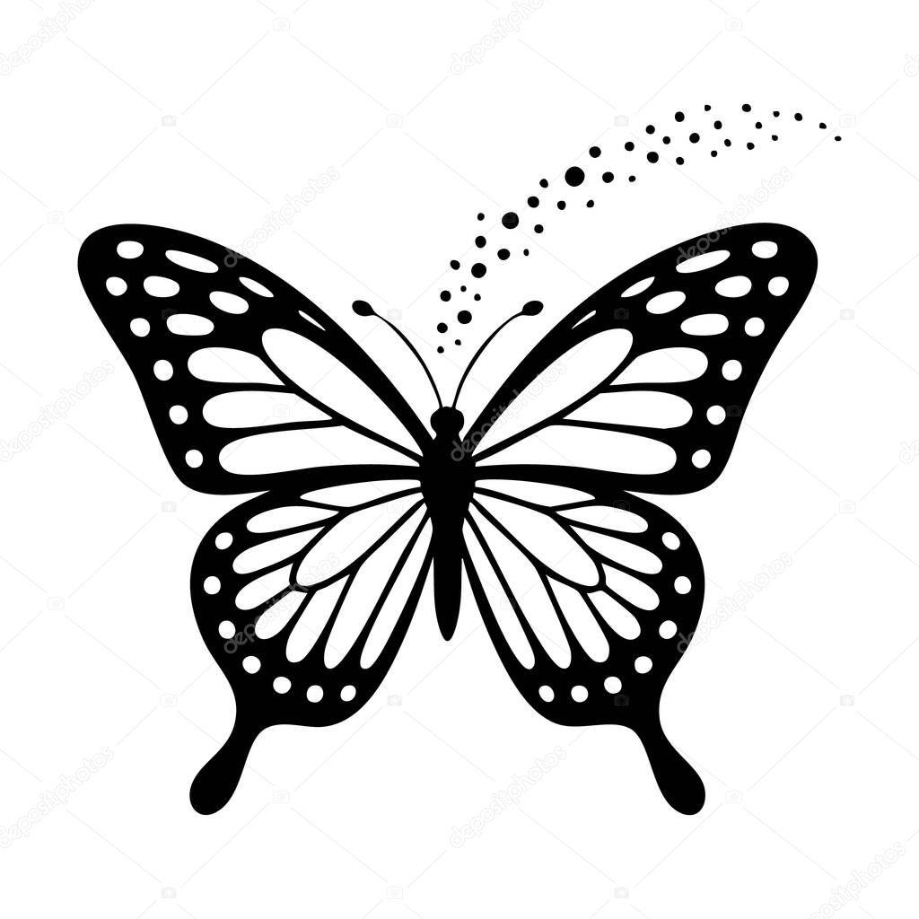 This image showcases a striking black silhouette of a monarch butterfly, distinguished by its detailed wing pattern and a charming dotted trail effect.