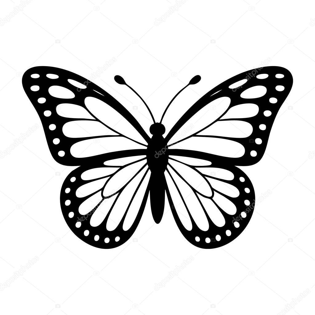 This image showcases a detailed monarch butterfly silhouette, distinguished by its intricate wing patterns and bold black design against a white background.