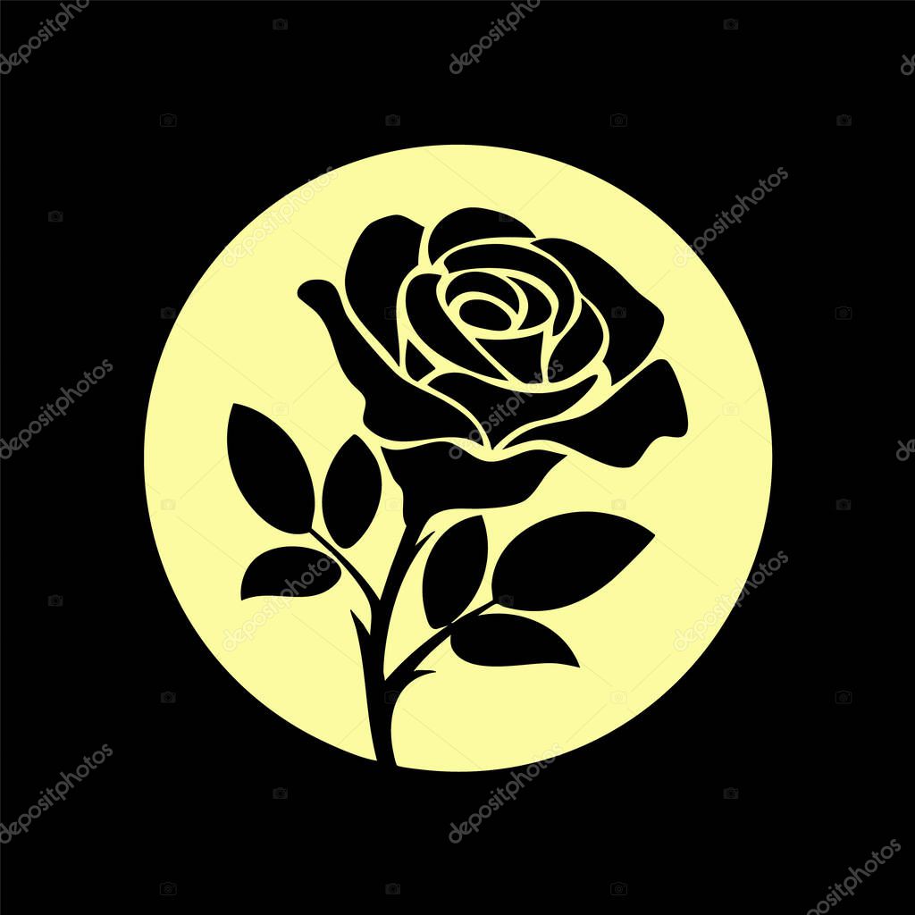 This image showcases a striking black rose silhouette, artfully positioned within a pale yellow circular background. The distinctive minimalist silhouette style adds a touch of elegance.