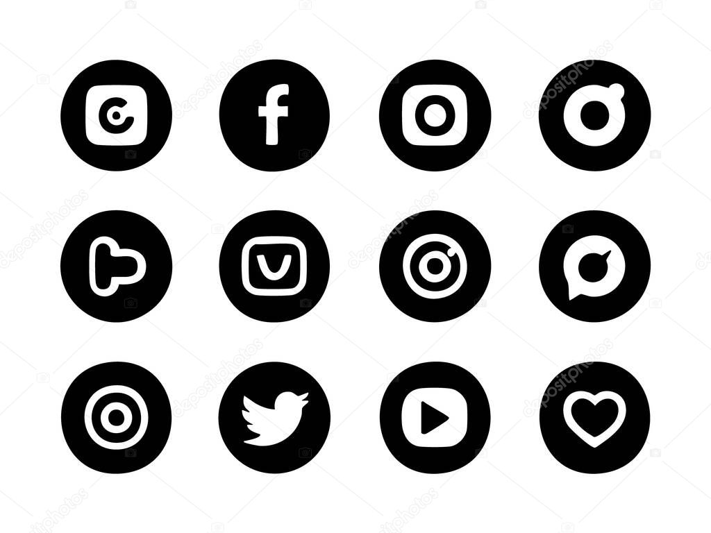 This image showcases a grid of twelve distinct social media logos, each presented as a bold, minimalist silhouette within a circular frame. The consistent silhouette style is a key feature.