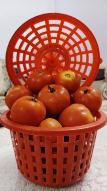 Domates ve otlar. Sepette olgun kırmızı domatesler. Üst görünüm.