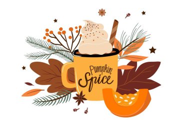 Balkabağı dilimli ve yapraklı balkabağı aromalı latte kahve fincanı, sezonluk tasarım beyaz, poster, tebrik kartı