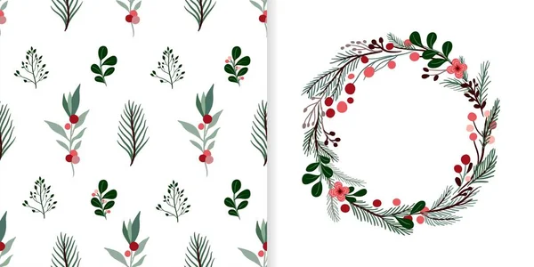 Рождественский Набор Бесшовным Рисунком Поздравительной Открыткой Зимний Сезонный Дизайн Простой — стоковый вектор