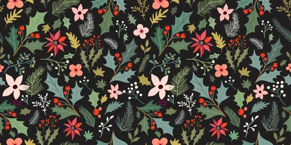 Botanical Christmas Seamless Pattern Wallpaper Winter Design Holly Leaves Poinsettia — Stock Vector