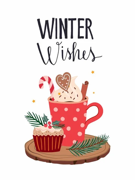 季節の味の製品 コーヒー ケーキ ホットチョコレート マフィンと白と手のレタリングに隔離されたさまざまな要素を持つクリスマスのポスターバナー — ストックベクタ